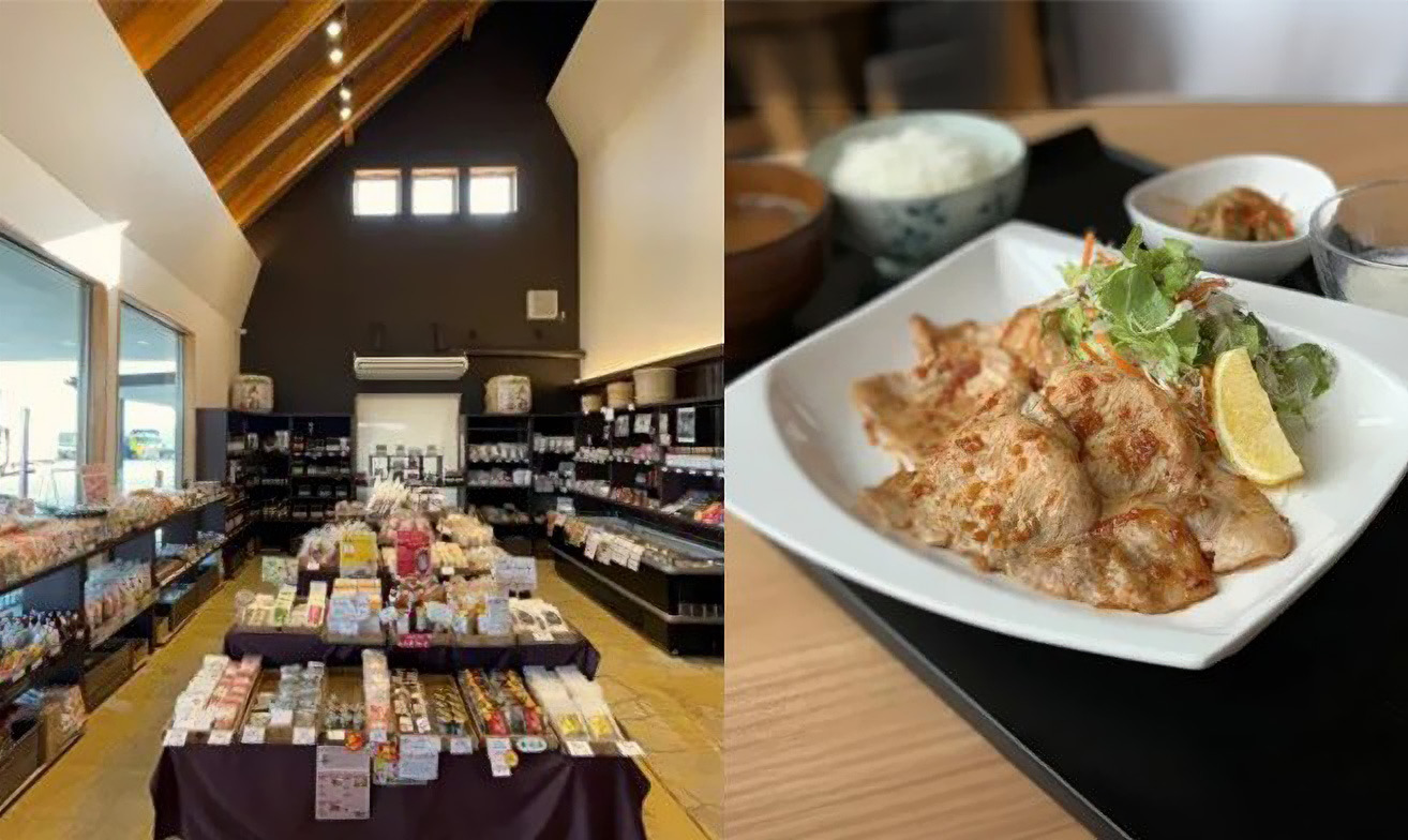 (左)全国の発酵食品が集まる発酵市場の店内　 (右)豚の味噌麹焼き定食