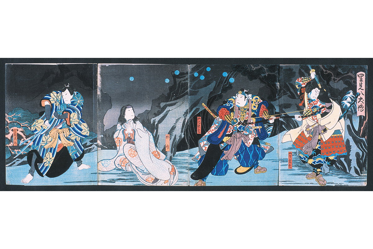 伏姫（中央左）と8つの珠。左が金碗大輔 『里見八犬伝／富山』（江戸時代、館山市立博物館蔵）