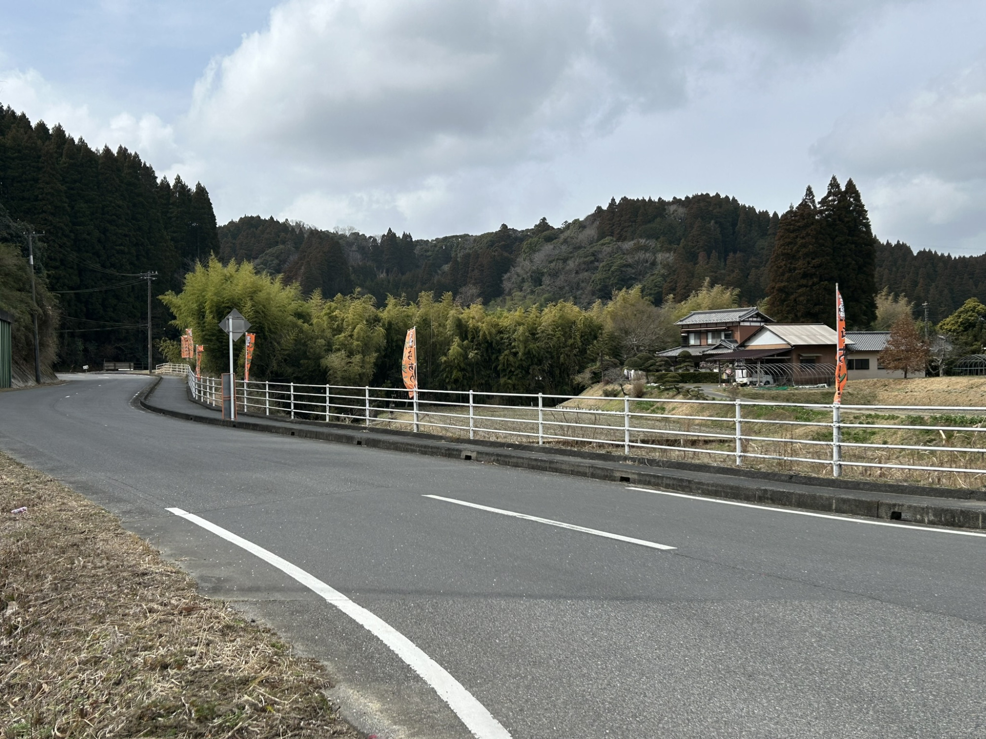 旗が並んでいる道を直進