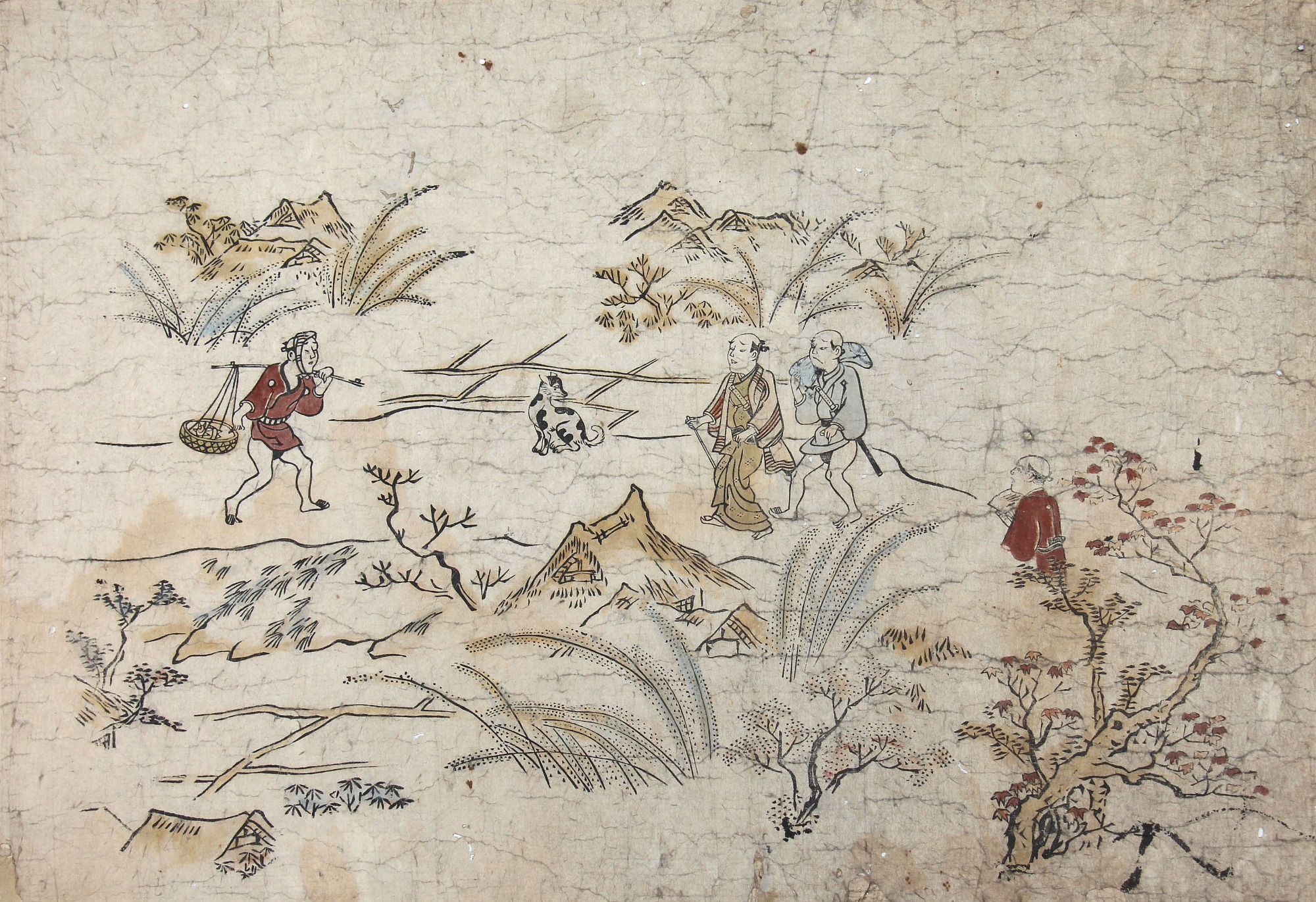 吉原遊廓までの道程を描いた『吉原の躰 日本堤』（江戸時代、菱川師宣記念館蔵）。着色は出版後に施されたもの