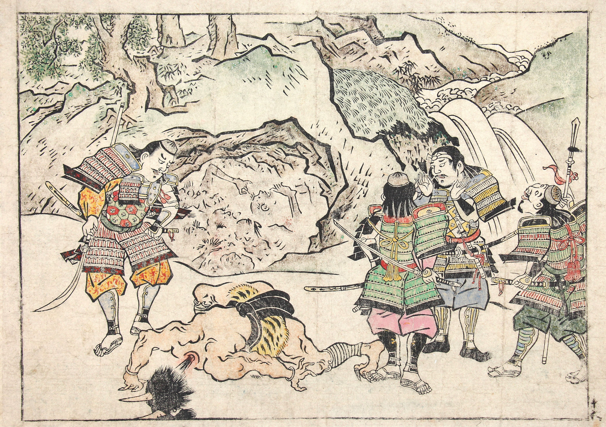 源頼光とその家来による鬼退治を描いた『大江山物語 四天王と鬼』（江戸時代、菱川師宣記念館蔵）。着色は出版後に施されたもの