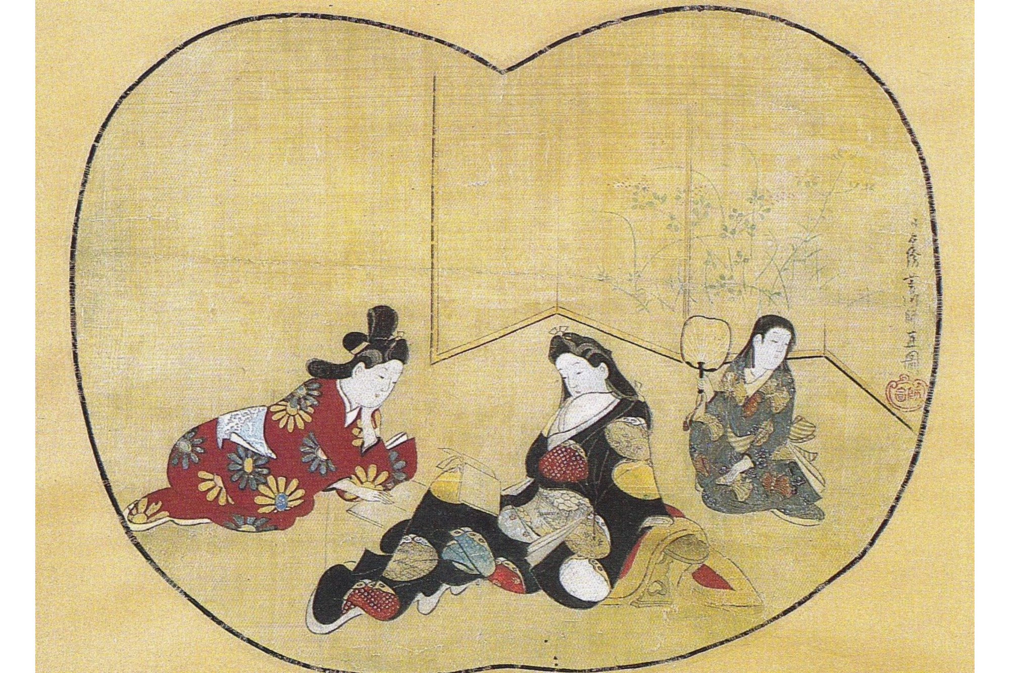 しどけなく横たわる遊女と禿を描いた『秋草美人図』（元禄前期、菱川師宣記念館蔵）