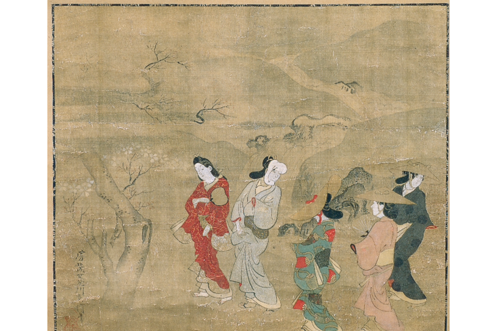 江戸の女性たちがお花見に向かう姿を描いた『行楽美人図』（元禄前期、菱川師宣記念館蔵）