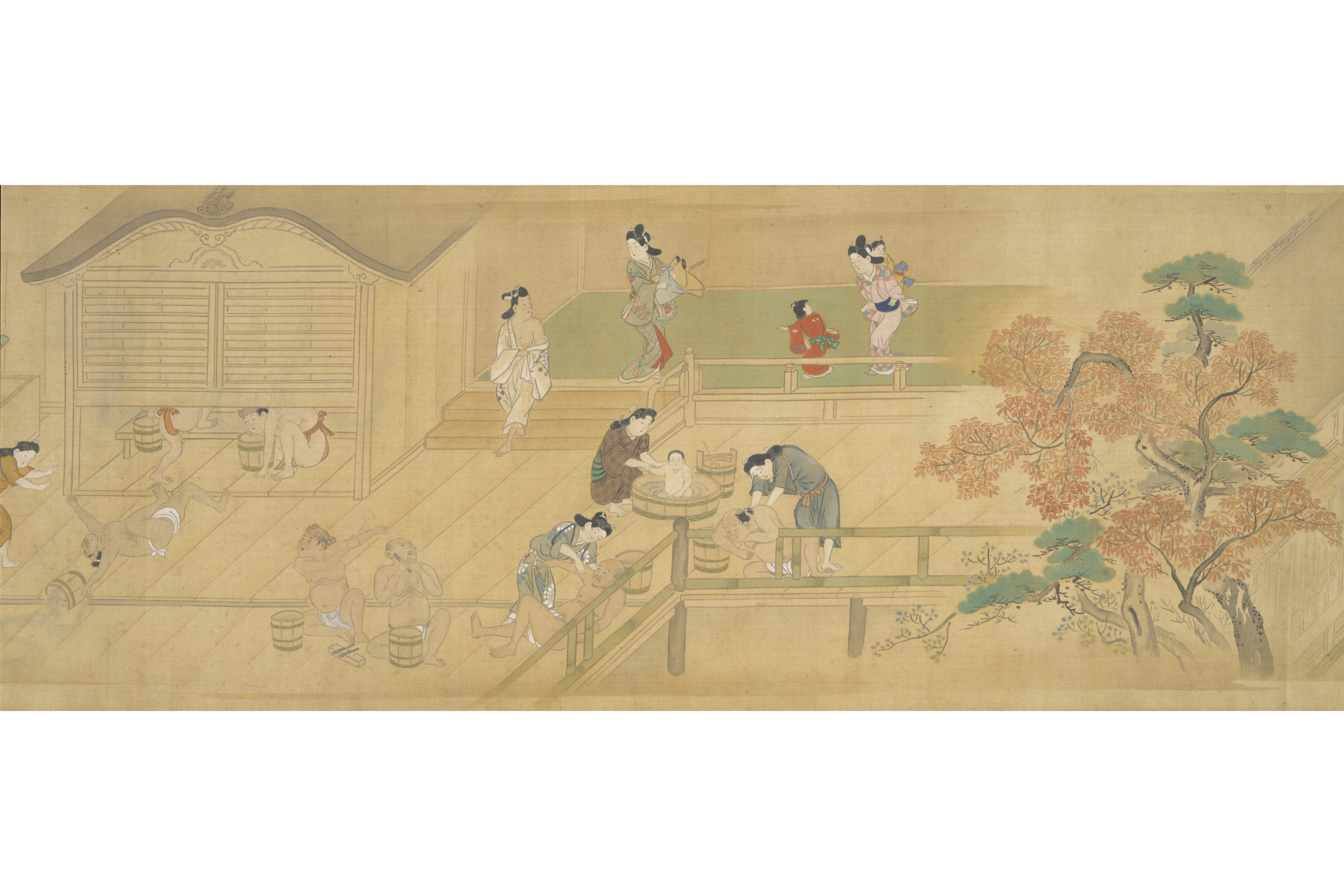 庭に紅葉のある風呂屋の場面が描かれた『四季風俗図巻』（江戸時代）出典：国立文化財機構所蔵品統合検索システム