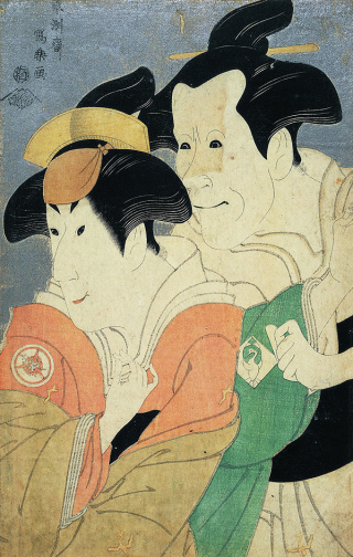 東洲斎写楽《二代目岩井喜代太郎の鷺坂左内女房藤浪と坂東善次の鷲塚官太夫女房小笹》部分、寛政6年（1794）、当館蔵